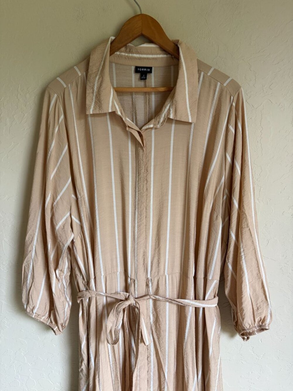 torrid Beige & White Striped Midi Shirt Dress with Tie Waist - Picture 6 of 12